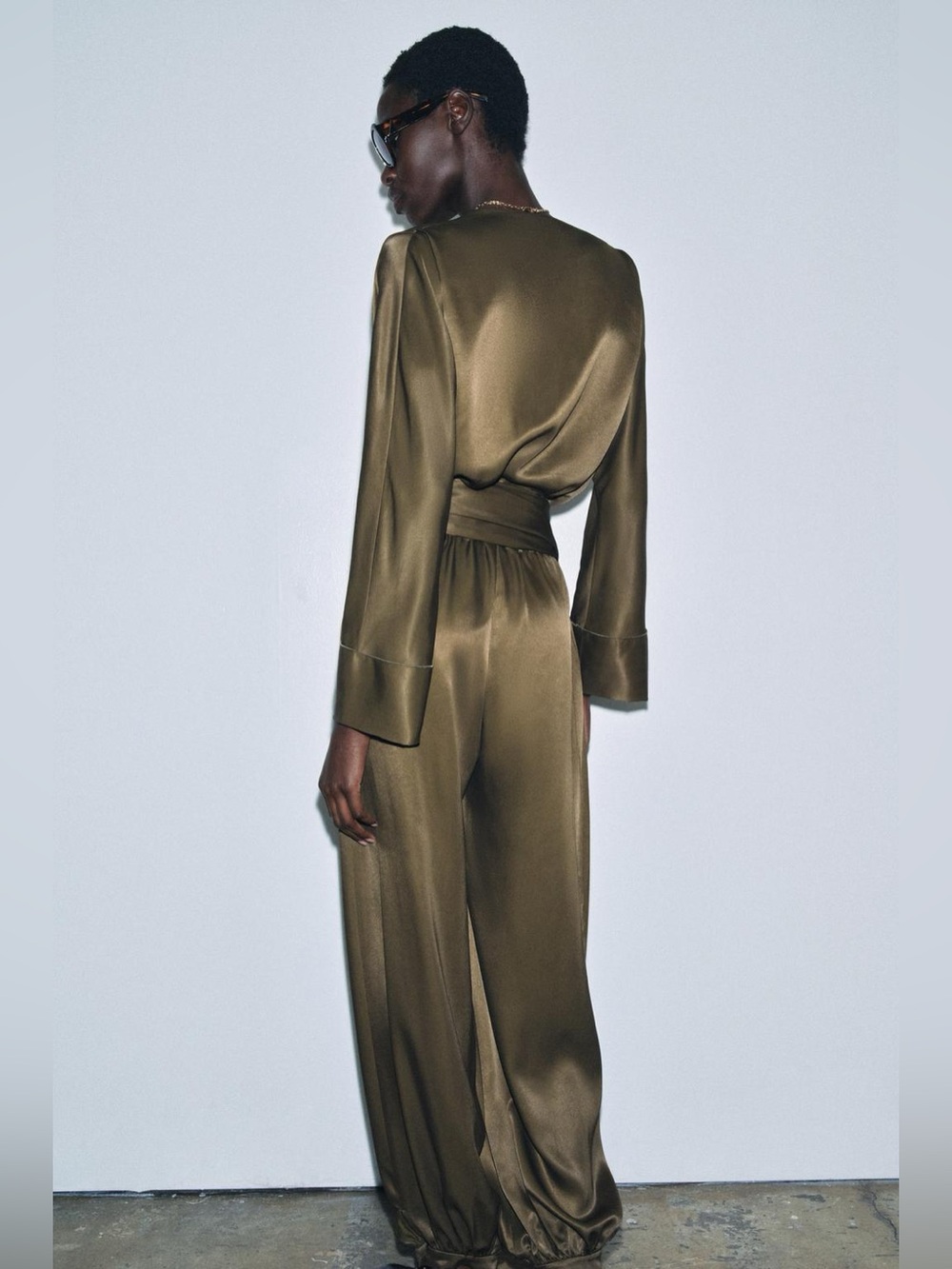 NWT. Zara ZW Collection Dark Khali Satin Effect Long Bloomer Jumpsuit. Size L. - Picture 5 of 15